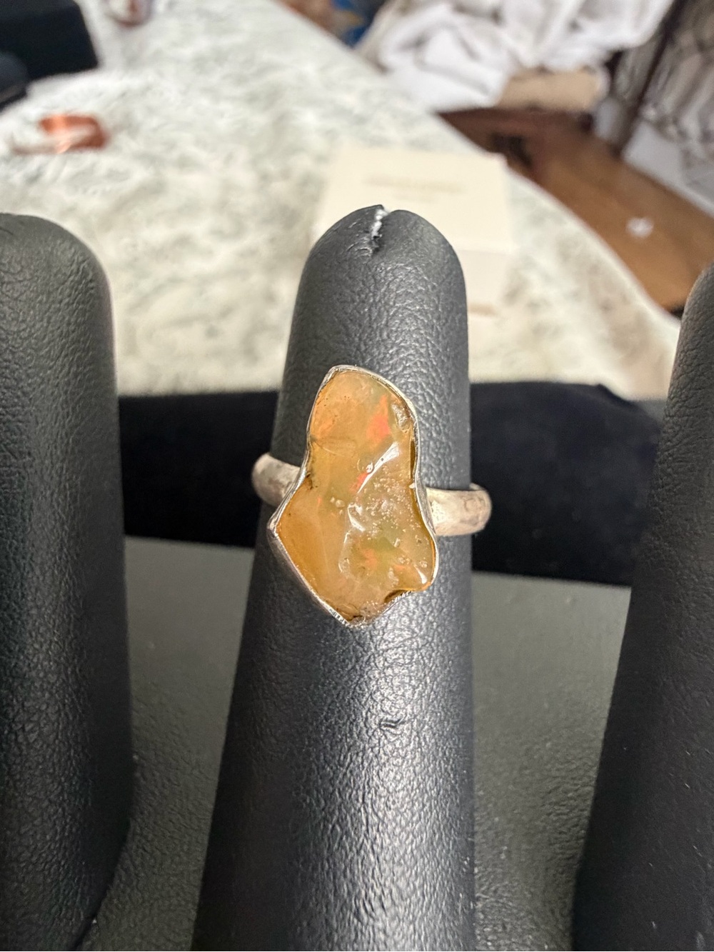 Sterling Silver Rough Cut Ethiopian Opal Statement Ring - Multicolor Fire Size 5